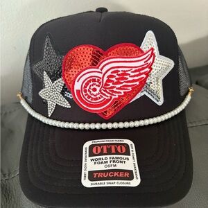 OTTO Black Hockey Trucker Hat with Red Heart and Silver Stars